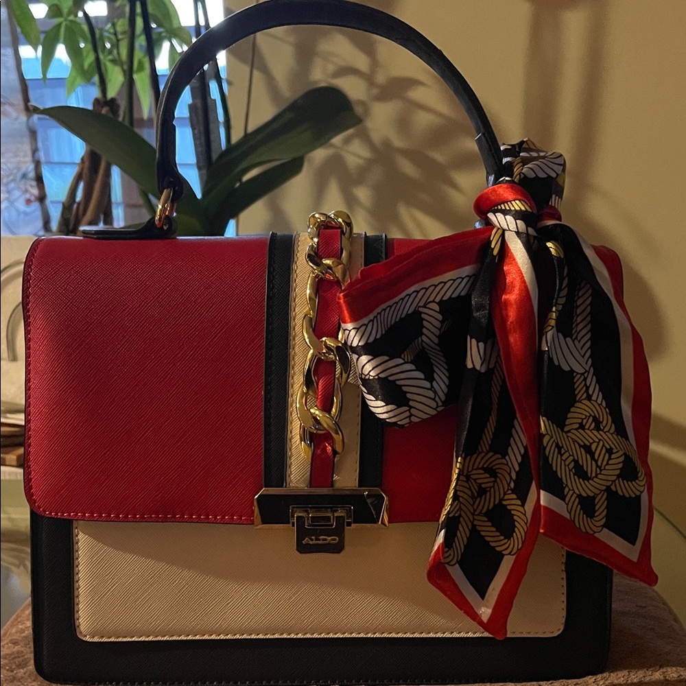 Aldo Red, Black, and Cream Satchel with Scarf Accent